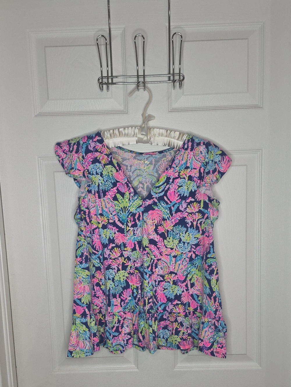 Lilly Pulitzer Navy Floral Flutter Sleeve Top with Pink & Lime Print